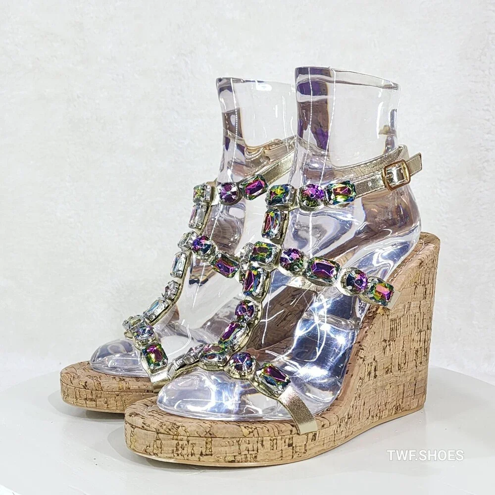 NIB Summer Time Colorful Jeweled Cork Wedge High Heel Sandals